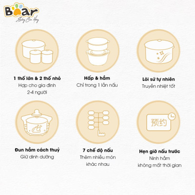 Nồi Nấu Chậm 1,6L Bear SUBE002 Đa Năng Nấu Cháo, Chưng Yến Bản Quốc Tế - Hàng Chính Hãng