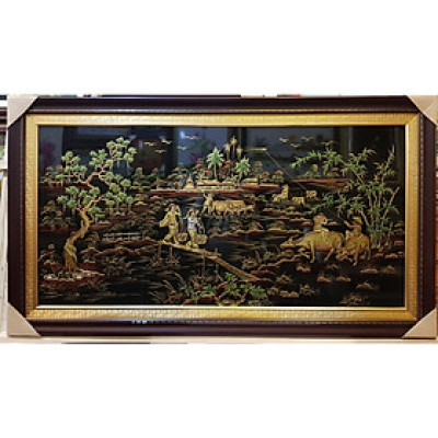 TRANH SƠN MÀI ĐẮP NỔI THẾP VÀNG BẠC - ĐỒNG QUÊ CẤY CÀY 