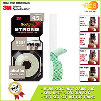 Băng keo siêu dính 2 mặt màu trắng khổ 19mm Scotch 3M SB-BK110 - Cường lực, thẩm mỹ, dán trong nhà, logo, móc treo đồ