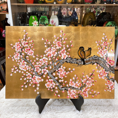 Tranh sơn mài - UYÊN ƯƠNG TRÊN CÀNH ĐÀO - Nền dát vàng/bạc cao cấp