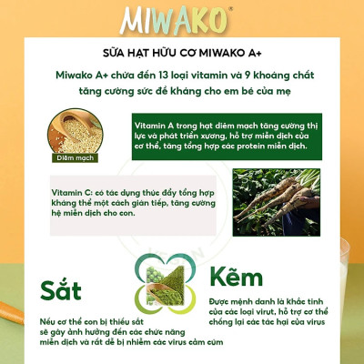 Combo 4 Hộp Sữa Công Thức Hữu Cơ Miwako A+ Vị Vani 400g (1.6Kg) Nhập Khẩu Malaysia, Sữa Hạt Cho Bé Từ 1 - 6 Tuổi Giúp Phát Triển Trí Não Chiều Cao