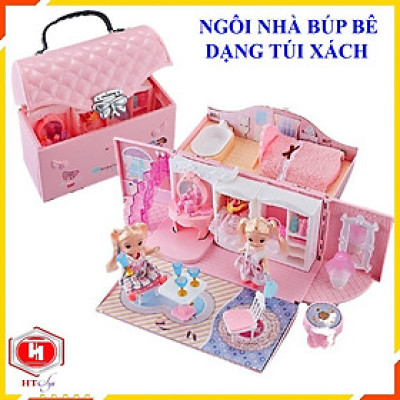 Ngôi Nhà Búp Bê Thiết Kế Dạng Túi Xách Kèm 2 Búp Bê, Đồ Chơi Búp Bê Dễ Thương Cho Bé