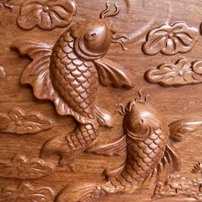 Tranh cánh quạt treo tường trạm khắc tích cửu ngư quần hội bằng gỗ hương đá kt 100×50×4cm