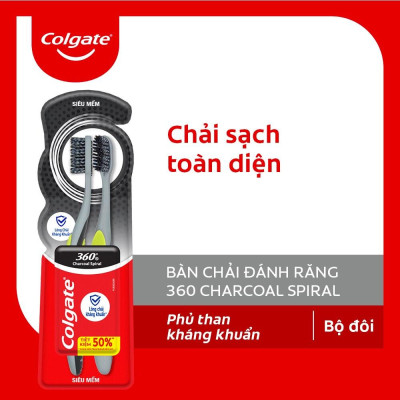 Bộ Bàn Chải Đánh Răng Colgate 360 Charcoal Spiral Lông Chải Siêu Mềm Xoắn Kép Phủ Than 2 Cây