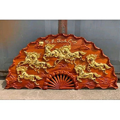Tranh treo tường cánh quạt trạm khắc mã đáo thành công bằng gỗ hương đỏ kt 50×100×4.5cm