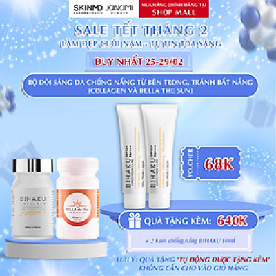 bộ đôi ngừa sạm nám trắng da BIHAKU PREMIUM COLLAGEN hộp 30v và BELLA THE SUN hộp 30v chống lão hóa mờ đốm sắc tố, căng da dưỡng ẩm, chống nắng nội sinh