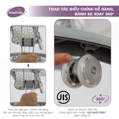 Xe tập đi cho bé có đồ chơi và nhạc Mastela W2002, bánh xe cao su hãm di chuyển theo quán tính siêu nhẹ xoay 360 độ mặt bàn ăn dặm, bánh xe silicon chống ồn - Tiêu chuẩn JIS Nhật Bản