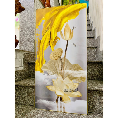 (ẢNH THẬT) Tranh treo tường hoa sen vàng tranh trang trí decor kèm đinh treo