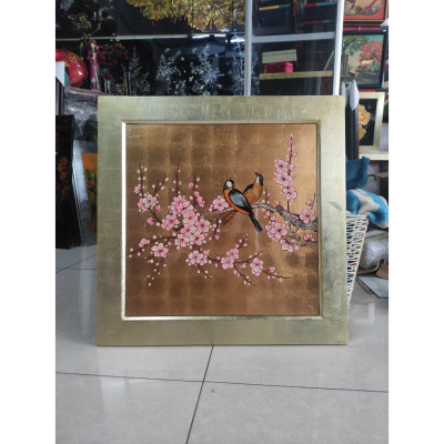 Tranh sơn mài - UYÊN ƯƠNG TRÊN CÀNH ĐÀO - Nền dát vàng/bạc cao cấp