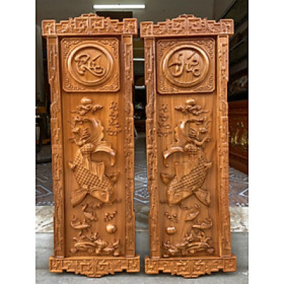 Tranh treo trạm khắc  lý ngư vọng nguyệt bằng gỗ gõ kt 41×117×4cm 