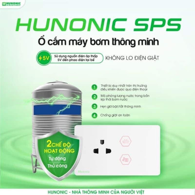 Ổ Cắm Chống Giật Hunonic SPS Bật tắt Máy Bơm, quản lý, mô phỏng lượng nước trên điện thoại, điều khiển bằng giọng nói