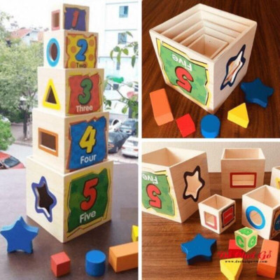 Đồ chơi hộp thả khối gỗ, xếp tháp 5 tầng lớp phát triển tư duy cho bé
