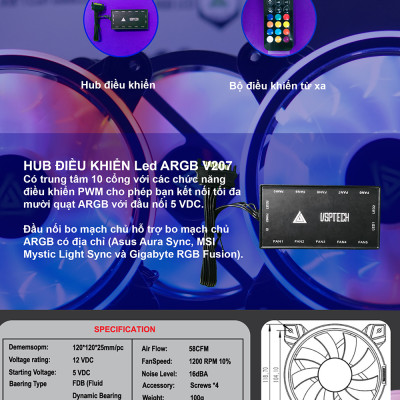 Bộ Kit 3 Fan Kèm Hub VSPTECH V207 LED ARGB - Hàng Chính Hãng