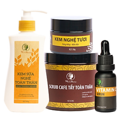 Bộ trắng da mặt và body toàn diện Wonmom ( Serum vitamin C + Kem nghệ tươi + Kem sữa nghệ toàn thân + Scrub café body )