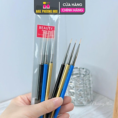 Set 3 Cây Cọ Nét Beauty Xanh Vàng Đen 5mm, 7mm, 9mm Lông Mịn Không Lem, Đầu Cọ Dài Vẽ Đa Năng, Kẻ Viền Và Tạo Hình Làm Nail Đẹp Nữ Women