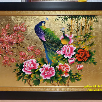 TRANH SƠN MÀI THẾP VÀNG BẠC - ĐÔI CHIM CÔNG ( BÊN NHAU HẠNH PHÚC) 