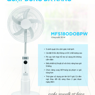 Quạt Cây Đa Năng Midea MFS18ODOBPW / FS45-23MRD (Quạt Sạc Hàng Chính Hãng, Động Cơ DC inverter 30w)