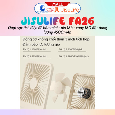 Quạt tích điện mini để bàn Jisulife FA26 - pin 4500mah pin 18 giờ, xoay 180 độ - Hàng chính hãng