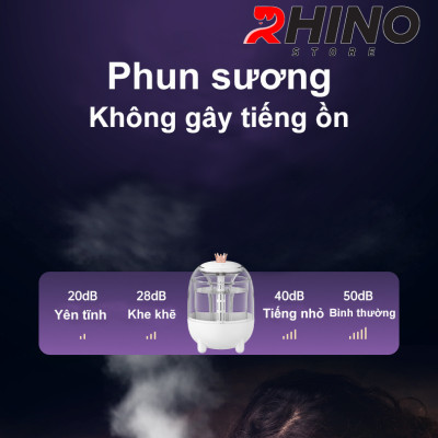 Máy phun sương xông tinh dầu tạo ẩm Rhino H105 dung tích 1000ml, không gây tiếng ồn, tích hợp đèn ngủ RGB nhiều màu