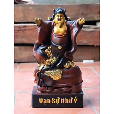 Tượng ông thần tài nghênh hỷ bằng gỗ hương đá tô làm mầu giả cổ kt cao 35×22×12cm