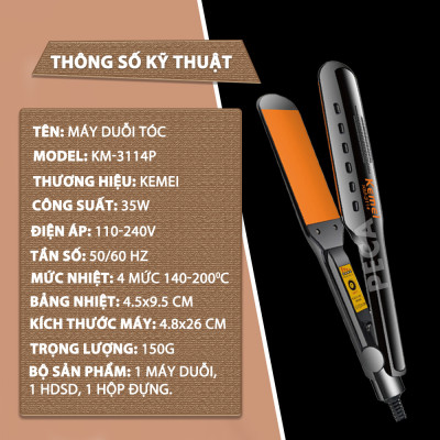 Máy duỗi tóc Kemei KM-3114P điều chỉnh 4 mức nhiệt sử dụng được cho mọi loại tóc - Hàng chính hãng