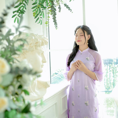 Áo dài cách tân thiết kế 4 tà tơ tím hoa cà thêu hoa lá ( size XL )