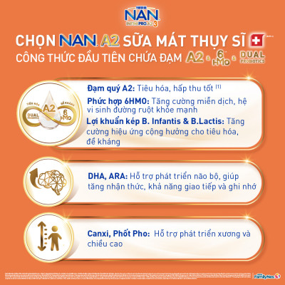 Sữa bột NAN INFINIPRO A2 800g Thụy Sĩ 3 với đạm quý A2 tiêu hóa tốt sau 7 ngày và 6HMO tăng cường đề kháng (2 - 6 tuổi) - Tặng Đồ chơi bắt banh