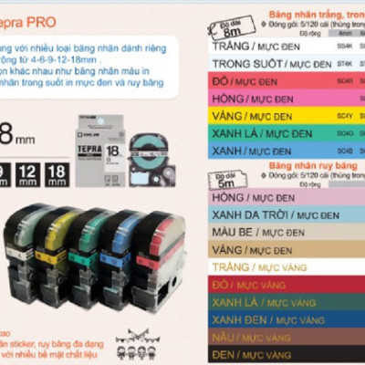 Nhãn in Tepra SS18K (Chữ Đen Nền Trắng, Khổ 18mm) - Hàng chính hãng