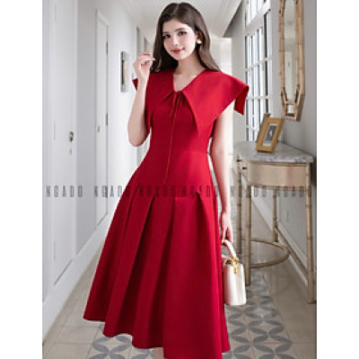 Đầm đỏ xếp ly cổ thuỷ thủ NGADO , đầm dài , đầm kiểu , đầm công sở , dự tiệc