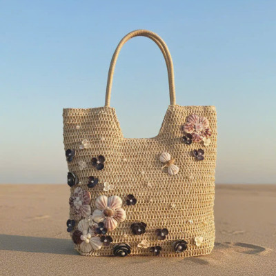 Giỏ Cói Giấy Mềm Dáng Tote Gắn Vỏ Sò, Giỏ Cói Tote Hải Đường ACC142