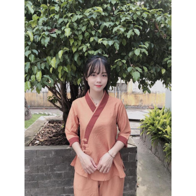 ĐỒ LAM ĐI CHÙA   3 NÚT Vải Tơ Cao Cấp