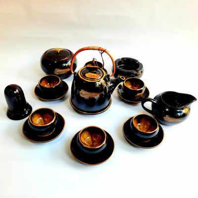 Bộ ấm chén Bát Tràng cao cấp “hoa trong lòng gốm” men hoả biến hổ phách viền vàng 24k