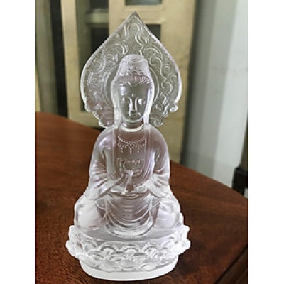 Tượng Phật Bà Quan Âm Đá Lưu Ly Trắng Để Xe Hơi hoạc Bàn cao 13cm đk 7cm mệnh Kim mệnh Thủy  ạ                           