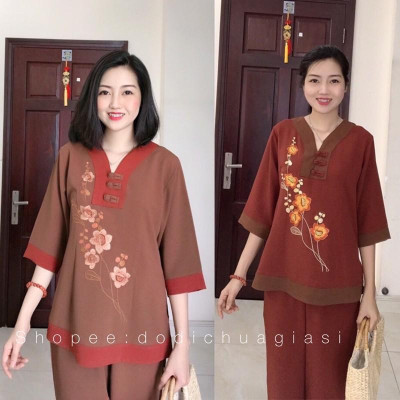 Đồ Lam Đi Chùa # Cổ Y Thêu Hoa SaLa# Đồ Bộ # Quần Áo Nữ# Vải Mát