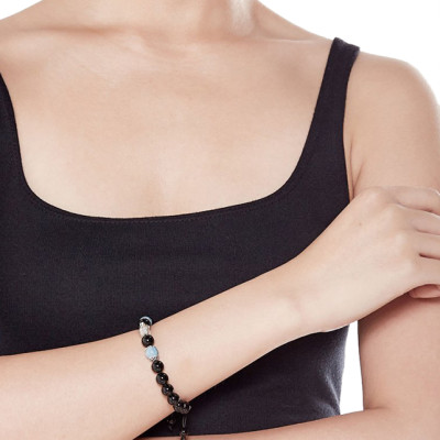 Vòng Đá Obsidian Phối Hải Lam Ngọc Và Charm Phật Bạc Ngọc Quý Gemstones VT56