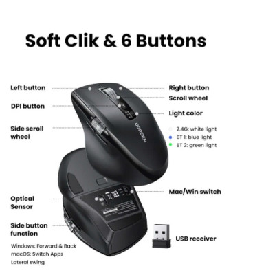 Chuột không dây bluetooth Ugreen 55375 5000DPI 5 cấp độ - Hàng chính hãng