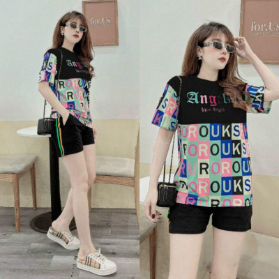 sét đồ sort nữ họa tiết chữ thêu Angel xinh xắn