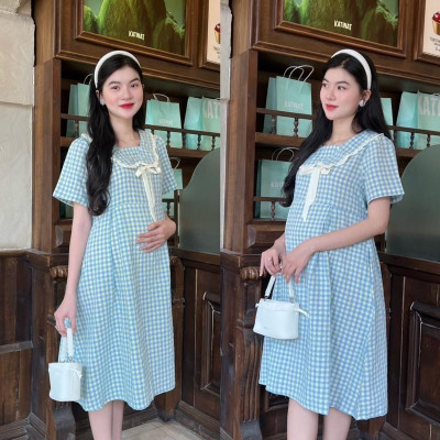 Đầm bầu Karo xếp ly cổ viền bèo xinh xắn, nhẹ nhàng baby nhẹ nhàng đáng yêu