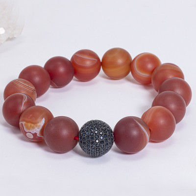 Vòng Tay Phong Thủy Nam Đá Mã Não Đỏ Nhám Phối Charm Cầu Đính Đá (14mm) Mệnh Hỏa, Thổ Ngọc Quý Gemstones