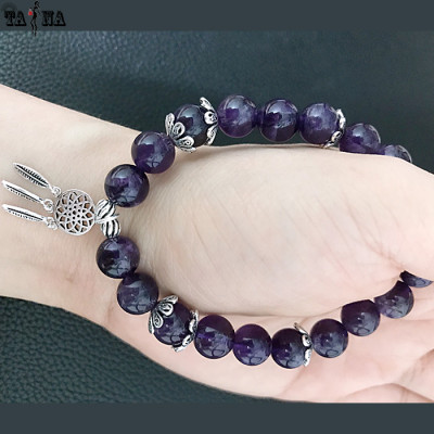 Vòng tay thạch anh tím 8mm mix charm bạc 925 cao cấp