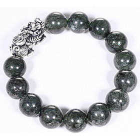 Vòng tay đá thạch anh tóc xanh mix tỳ hưu bạc hạt đá 14mm mệnh hỏa, mộc - Ngọc Quý Gemstones