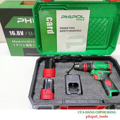 Combo Máy khoan pin chuyên vít 2 đầu rời 10mm có chỉnh tốc PHIPOL TOOLS PH3015 Kèm 2 pin và sạc - Hàng Chính Hãng