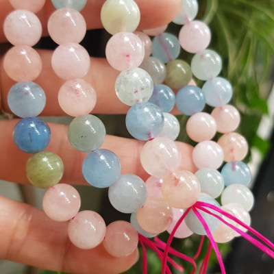  Vòng tay chuỗi đá Beryl tự nhiên đa sắc màu tươi sáng bóng mượt đẹp size hạt 9mm là sự phối hợp tông màu hồng ngọt ngào với xanh dương xanh nước biển đậm nữ đeo tay đẹp xinh tay may mắn tốt cho sức khỏe công việc tài lộc ạ