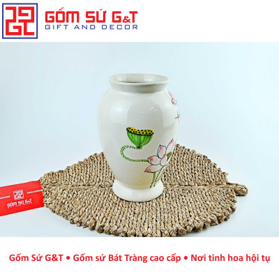Lọ hoa dáng đùi dế vẽ sen hồng Gốm Sứ G&T