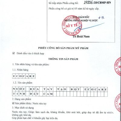Nước rửa tay Hữu cơ diệt khuẩn dạng bọt Tinh dầu Thiên nhiên Cam/Quế/Nhài 1L thương hiệu ECOCARE ( tặng kèm vỏ tạo bọt)