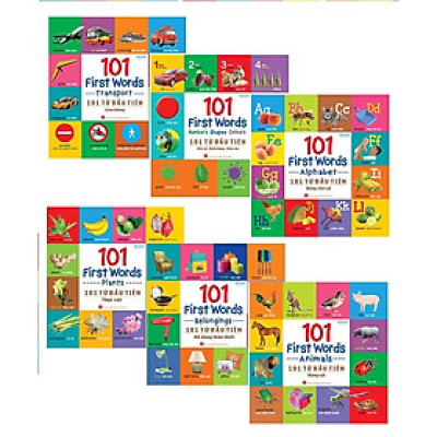 Combo Tron Bộ 6 cuốn 101 First Words - 101 Từ Đầu Tiên - Giao Thông+Động Vật+Hình Khối+Rau Củ Quả+Đồ Dùng+Chũ Cái Tặng Kèm Truyên Cổ Tích