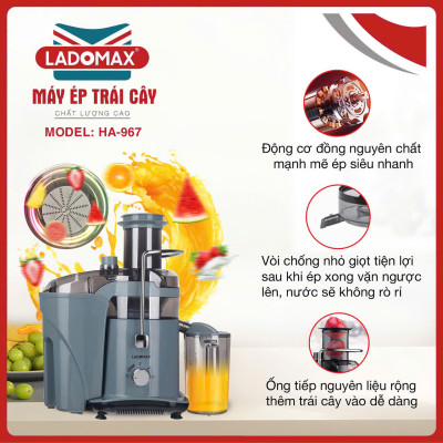Máy ép trái cây cho quán 1180W thế hệ mới Ladomax HA-967 có chế độ vệ sinh lưới, ép kiệt bã-Hàng chính hãng