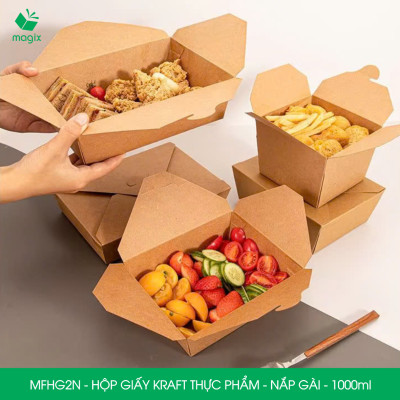 MFHG2N - 100 hộp giấy kraft thực phẩm 1000ml, hộp giấy nắp gập màu nâu đựng thức ăn, hộp giấy nắp gài gói đồ ăn mang đi 