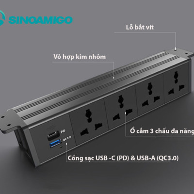 Sinoamigo STS-HG60B-5: Hộp ổ cắm Âm Bàn Hiện Đại Với Thiết Kế Lắp Âm Dưới Bàn - Tích hợp 4 ổ cắm đa năng, 1 cổng sạc USb type C (PD) và 1 cổng sạc USB type A (QC-3.0) - Hàng chính hãng
