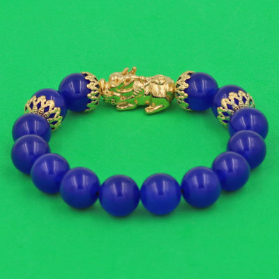 Vòng tay Thạch Anh Xanh Dương 12 ly - cẩn Tỳ Hưu Phong Thủy inox vàng VTAXDTHBKV12